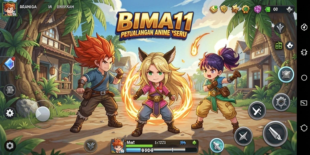Tangkapan layar menunjukkan gameplay menarik dari BIMA11 dengan karakter anime.