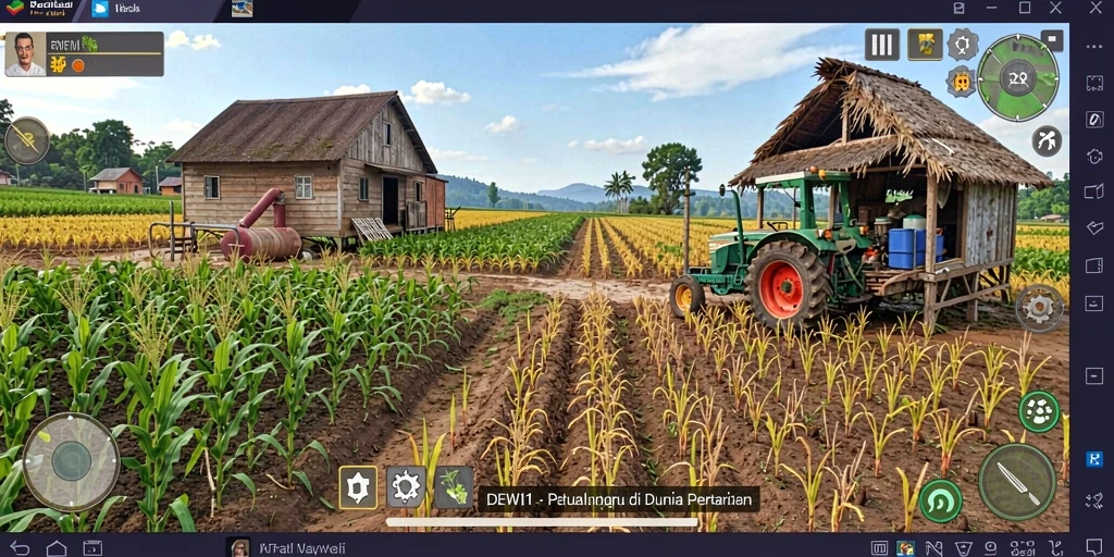 Tampilan gameplay DEWI11 yang menunjukkan kebun yang indah dan hewan peliharaan.