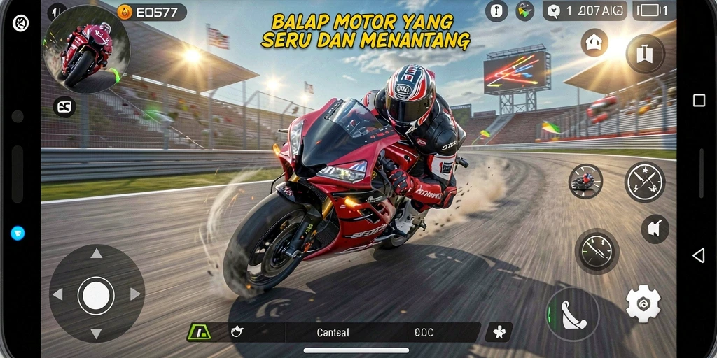 Screenshot utama EOS77 menampilkan aksi balapan motor yang mendebarkan.