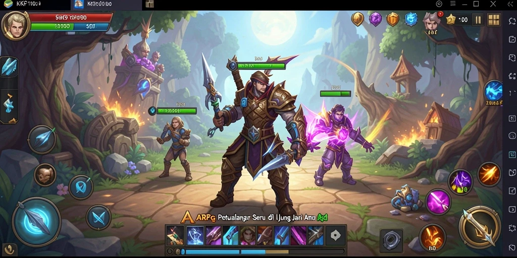 Screenshot gameplay KPK100 menampilkan pertempuran epik dalam dunia fantasi.