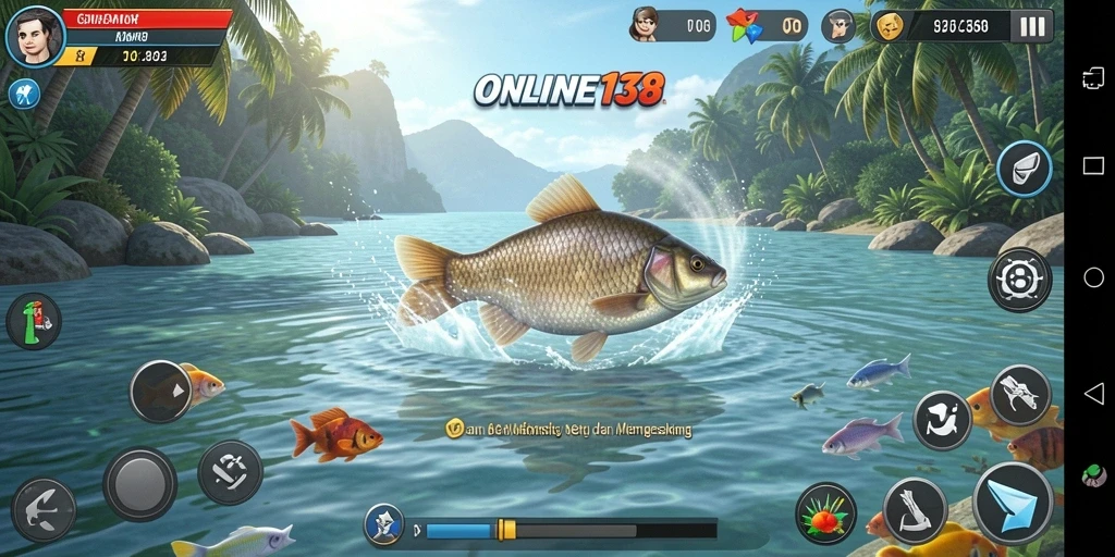 Screenshot utama ONLINE138 menampilkan gameplay seru saat memancing.