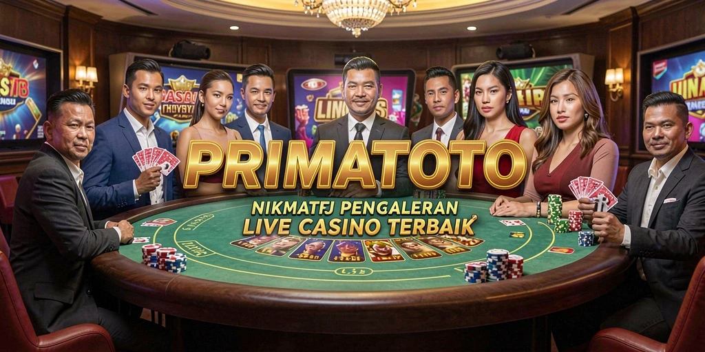 Screenshot gameplay PRIMATOTO menampilkan dealer profesional yang sedang memandu permainan kasino langsung.