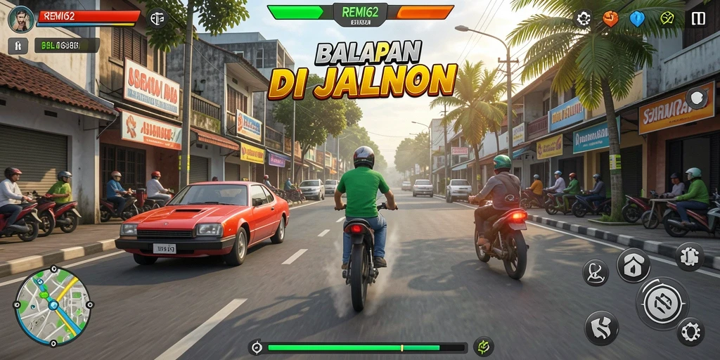 Screenshot gameplay REMI62 menunjukkan balapan menegangkan di lintasan.