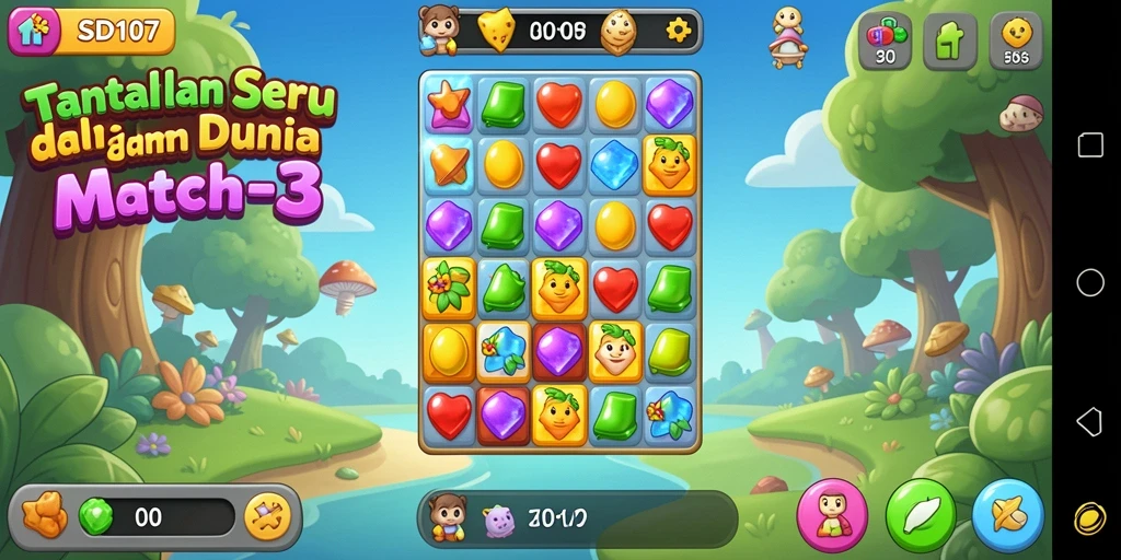 Screenshot gameplay SD107 menampilkan aksi mencocokkan item dalam permainan Match-3.