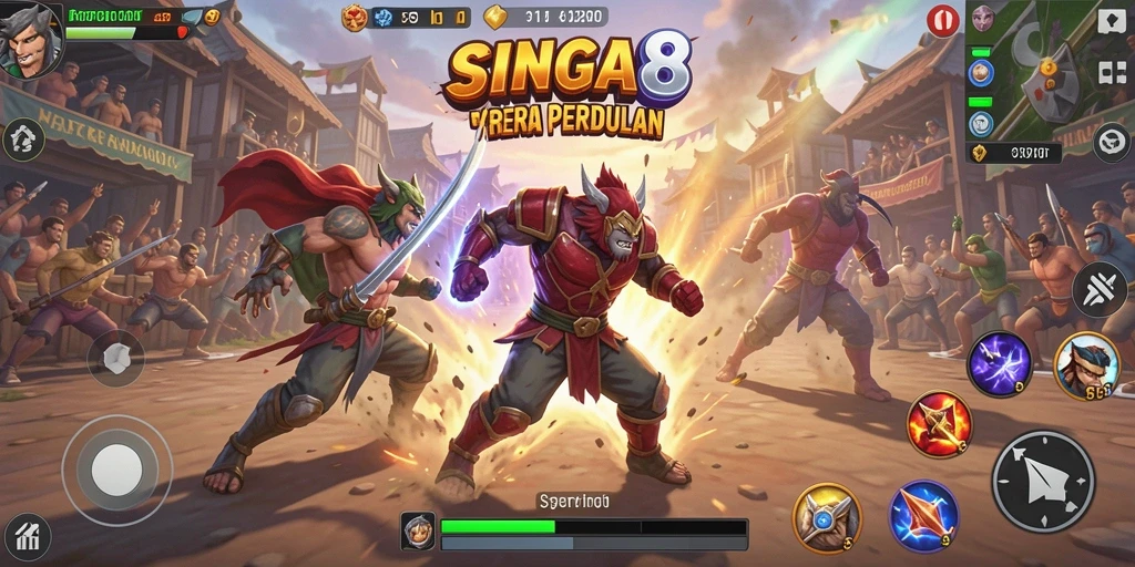 Tampilan gameplay SINGA8 dengan pertarungan dinamis.